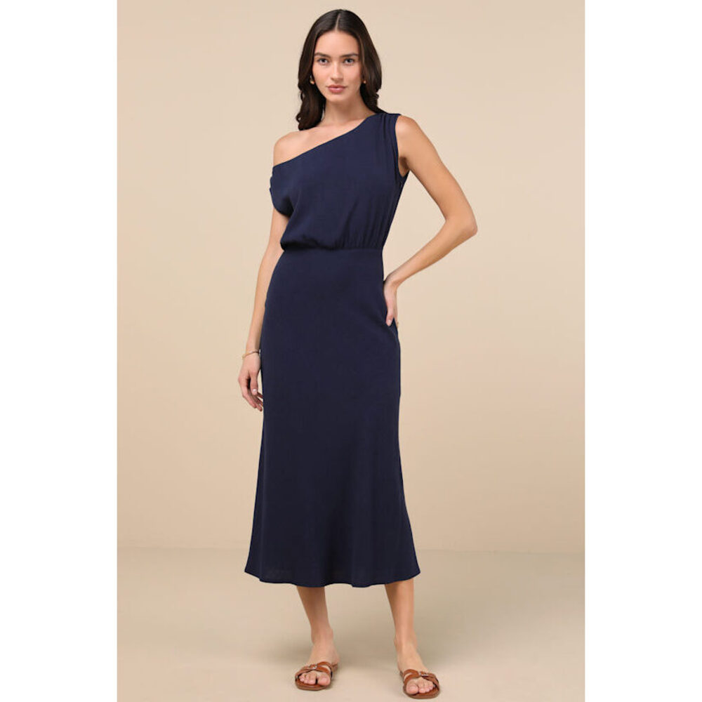 Lulus Casual Enchantment Navy Linen Off-the-shoulder Midi Dress Blue - Size L